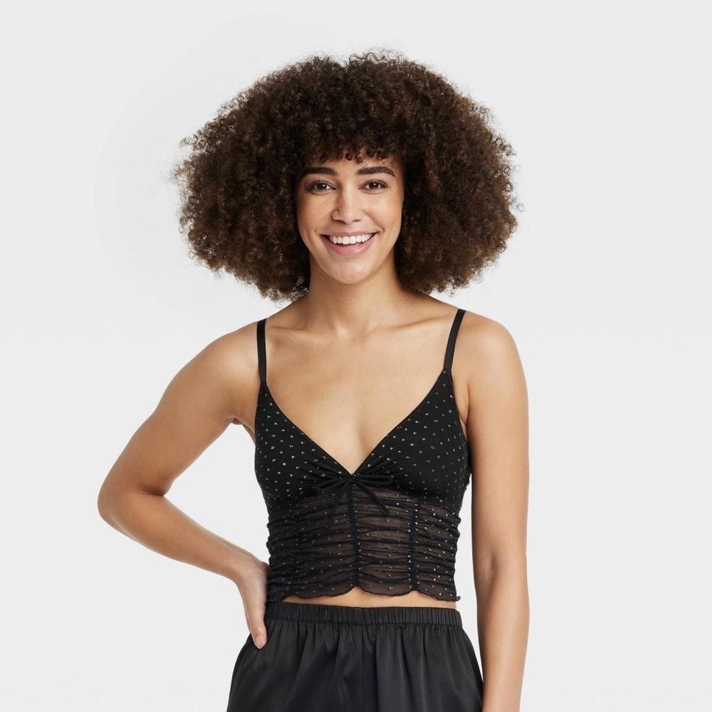 Colsie Sheer Mesh Black Bralette Crop Top Polka Dot Goth Grunge Rock Moto S